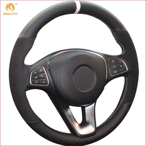 MEWANT Black Genuine Leather Black Suede White Marker Car Steering Wheel Cover for Mercedes Benz C180 C200 C260 C300 B200 Parts