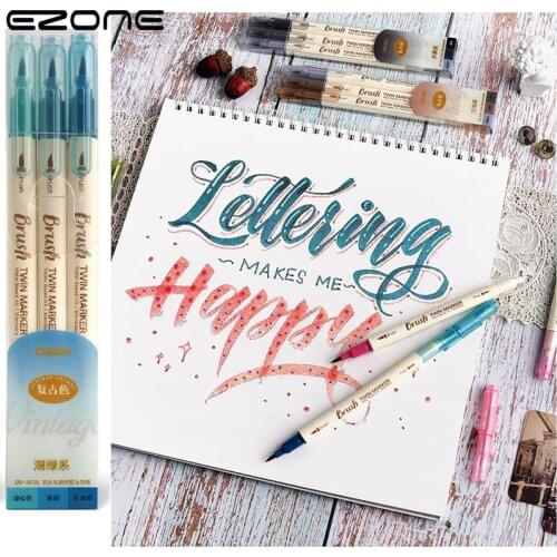 EZONE 3PCS Retro Color Twin Marker Pens Set Brush Drawing Fine Liner Water Based Ink Blendable Watercolor Art Painting School