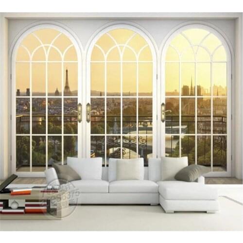 Beibehang Customized wallpaper 3D stereo modern European windows New York Burj Khalifa Arch Mediterranean home background wall