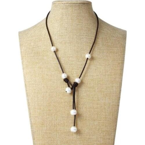 White Color Genuine Freshwater Pearl Necklace Natural Pearl Real Leather Necklace ,Fashion Ladys Wedding Bridesmaid Gift-179