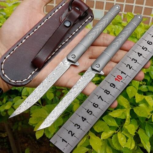 Damascus Steel Folding Knife TC4 Titanium Handle Portable Pocket Utility Knifes Outdoor Camping Hunting Self-defense Tools