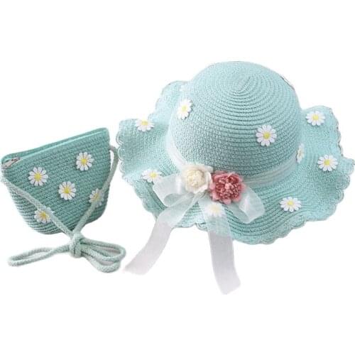 XEONGKVI European Fairy Flower Ribbon Parent-child Sun Hats Bags Suit Summer Straw Hats For Women Girl Children Wide Brim Cap