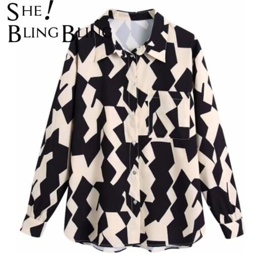 SheBlingBling Za Woman 2021 Traf Summer Autumn Blouse Single Breasted Pocket Print Shirt Full Sleeve Casual Loose Shirts Tops