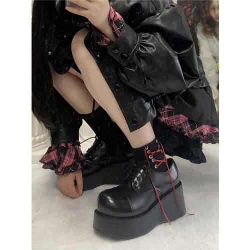 Japanese Harajuku Thick Bottom Big Round Head Women Gothic Punk Lace Up Platform Dark Lolita Girls Goth Anime Cosplay High Heel