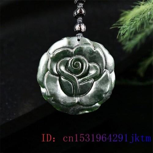 Jade Rose Pendant Women Necklace Carved Amulet Accessories Jewelry Chinese Charm Gifts Natural Flower Black Green Obsidian
