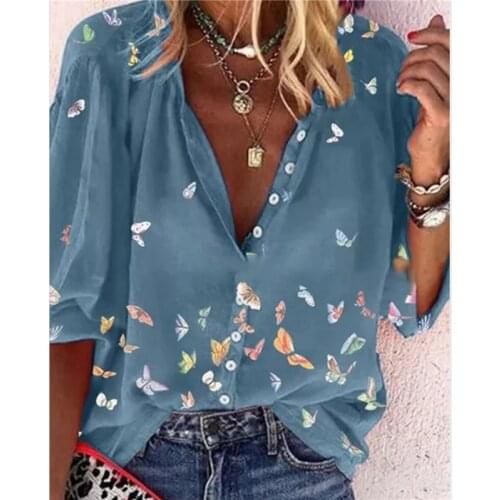 2021 Summer Tops Women Tops Shirts Ladies Casual V-Neck Long Sleeve Female Top Butterfly Print Buttons Shirt For Women