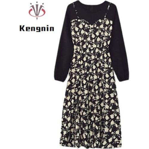 Fake Two Piece Womens Dress 2021 Autumn Winter Puff Sleeve Lady Vestidos Dress Asymmetrical Print Floral Patchwork Dress KE1853