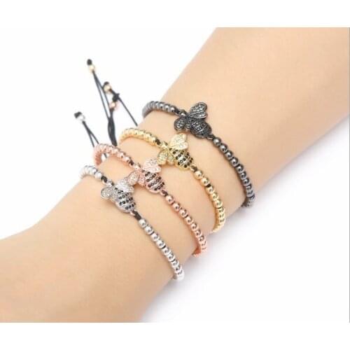 Gold silver micro pave cz Cubic Zirconia rope adjusted Copper Beads Bracelet tgdf2 Bee Charm Braided Bangles Jewelry gift