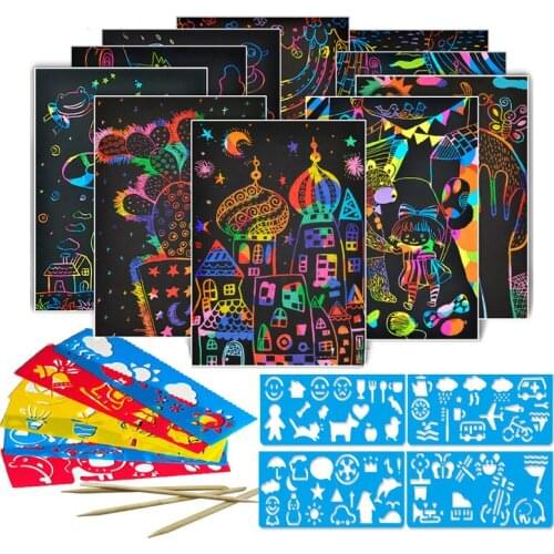 40/50 Sheets Magic Color Rainbow Scratch Art Paper Card Set With Graffiti Stencil For Drawing Stick DIY Painting Toy Kids ZXH
