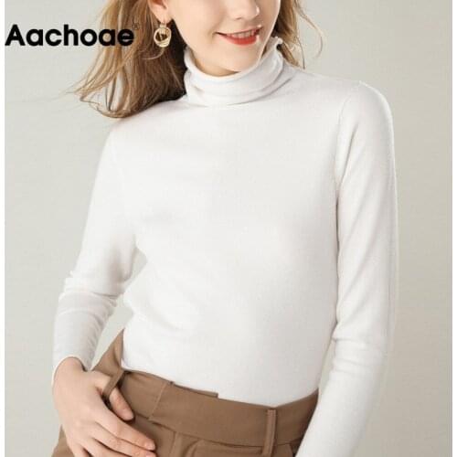 Aachoae Chic Autumn Winter Women Solid Turtleneck Sweater Long Sleeve Casual Pullover Jumper Elegant Basic Sweaters Sueter Mujer