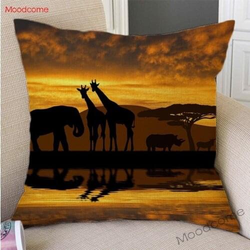 Africa Sunrise Sunset Animal Giraffe Elephant Beautiful Scenery Home Decorative Sofa Throw Case Cotton linen Chair Cushion Cover