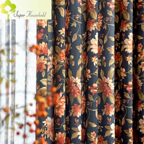 American Pastoral Large Floral Hand-painted Printing Curtains for Living Room Bedroom Blackout Window Cotton and Linen Fabric