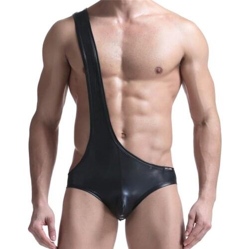 Sexy Fitness Men Shapers Faux Leather Gay Male Wetlook Splice Open Butt Boxer Shorts Leotard Jumpsuit Club Bodysuit Overalls