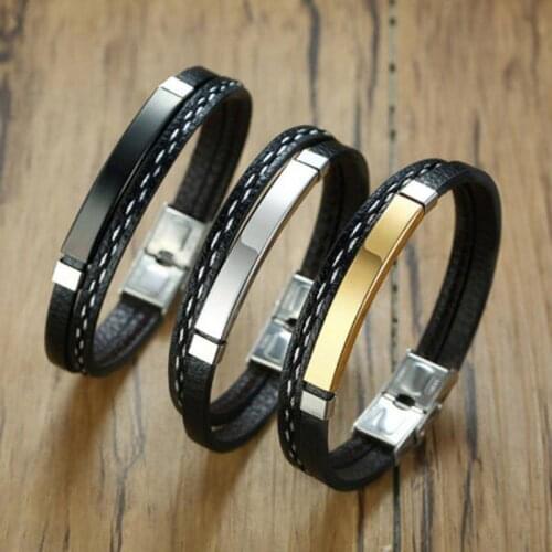 Amxiu Personalized Name Bracelet Stainless Steel Leather Bracelets Three Colour Charm Bracelets For Men