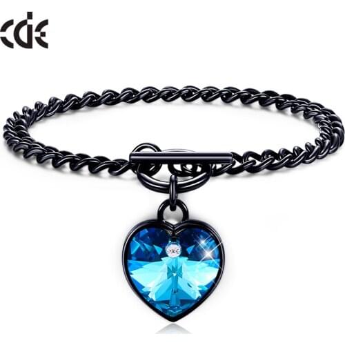 CDE Stainless Steel Gun Black Plated Chain Bracelet Heart Charm Bracelet with Crystal for Girl Punk Style Jewelry