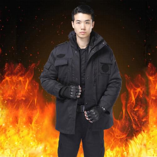 Black Security Guard Uniform Warm Winter Outdoor Parka Army Uniform Tactical Long Sleeve Coat Windproof Jacket Training Fishing
