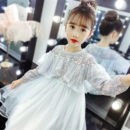Kids 4-12 years 2020 fashion new Spring/Autumn girls dresses princess chiffon lace embroidery pearl party dress for teenage Mesh