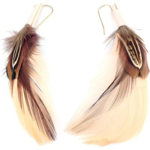 Women Special store Designer Gold peach brown feather pendant hanging earring brincos female earing