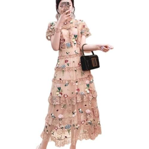 Round neck flower embroidery elegant dress women short sleeve long gauze lace evening dress 2021 summer fashion women