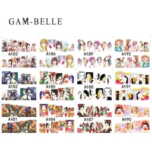GAM-BELLE 12 Designs Nail Sticker Women Girl Pattern Full Cover Decals Nail Art Decoration Water Transfer Sticker Manicure
