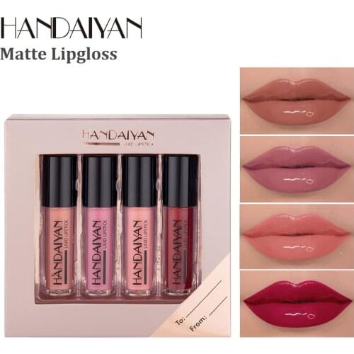 HANDAIYAN Matte Long Lasting Waterproof Moisturizer Velvet Sexy Lip Gloss Tint Makeup Lipstick Non-Sticky Cup 4 Colors Per Set