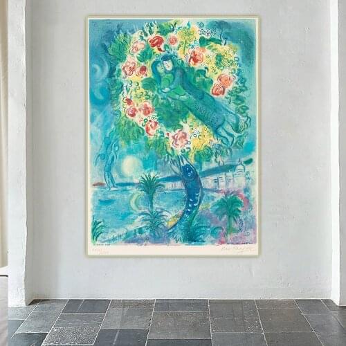 Citon Marc Chagall《Couple and Fish》Canvas Art Oil Painting Famous Artwork Poster Picture Wall Background Decor Home Decoration