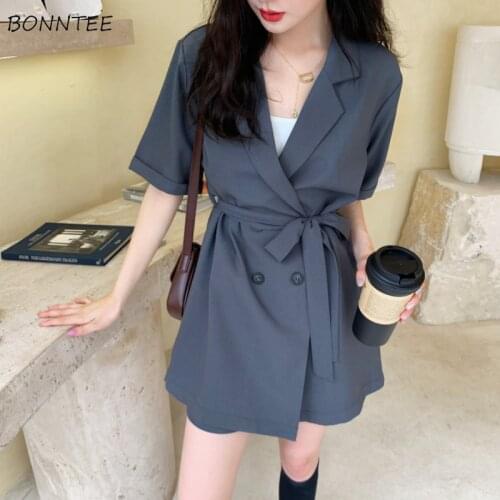 Rompers Women Vintage Gray Lace-up Deign Chic Summer Loose Wide-leg Office Lady Playsuits Clothing Popular Korean Elegant Girls