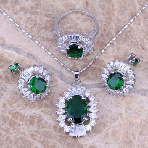 Green Cubic Zirconia White CZ Silver Plated Jewelry Sets Earrings Pendant Ring Size 6 / 7 / 8 / 9 / 10 S0069
