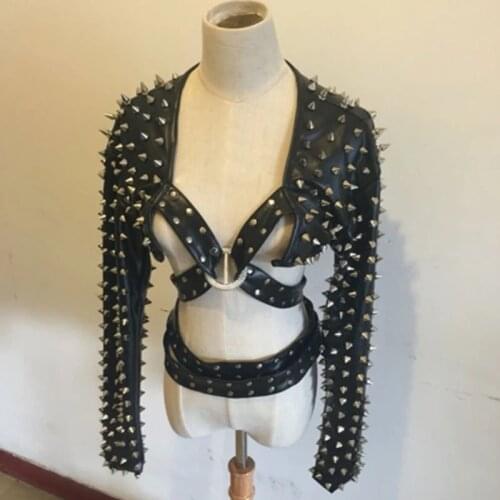 Black Jazz Hip Hop Performance Costume Bar Male rivet Jacket Stage costume Nightclub Men Singer Performer Clothes Festive Rave