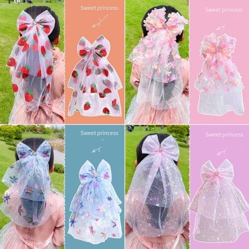 Beautiful bow headdress childrens princess net yarn hair accessories sweet back of the head clip on the head clip girls do not