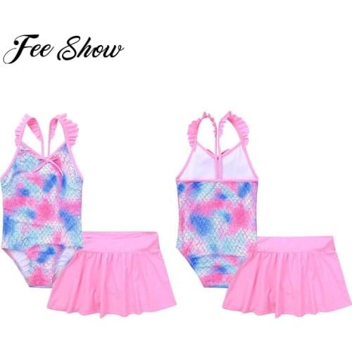 Summer Kids Girls Swimsuits Swimming Bathing Suit V Neck Straps Backless Fish Scale Print Bodysuit Skirt Set Beach Swimwear