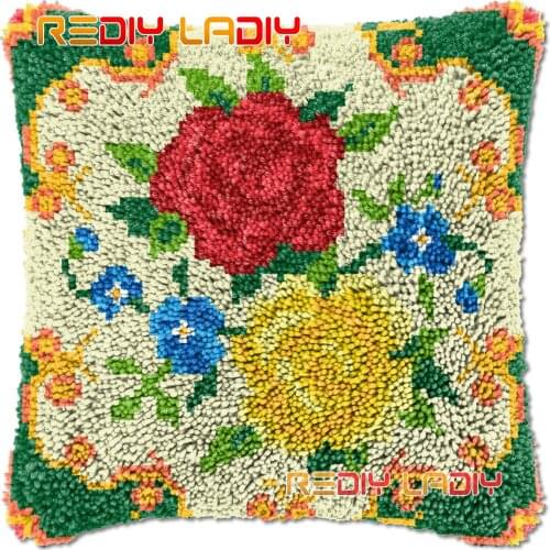Latch Hook Cushion Two Roses DIY Needlepoint Kits Chunky Acrylic Yarn Arts Crocheting Lofty Pillow Case Hobby & Crafts