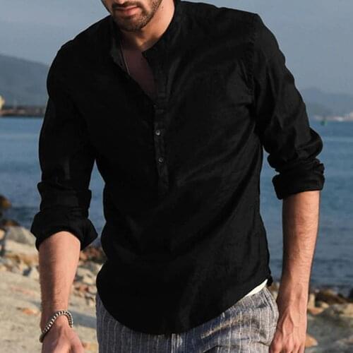 New High Quality Linen Men Shirt Long Sleeve Stand Collar Blouse Mens Shirts Casual Slim Fit Shirt For Men