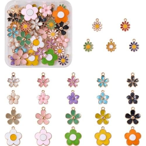 Pandahall Golden Plated Alloy Enamel Charms Flower For Jewelry Making DIY Mixed Color 50pcs/box