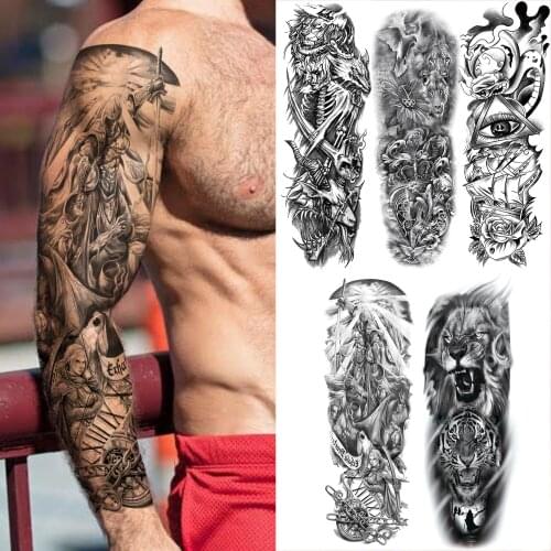 Full Arm Warrior Temporary Tattoos Sleeve For Men Women Skeleton Dove Angel Lion Tiger Fake Tatoo Devil Eye Large Tattoo Sticker