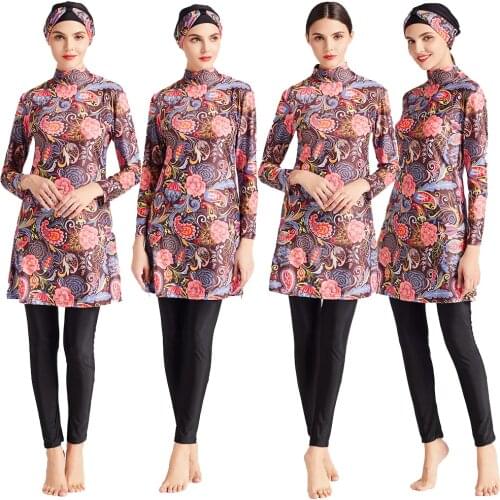 Plus Size Muslim Swimwear Women Print Modest Burkini 3PCS Long Sleeve Tops Pants Hat Islamic Swimsuit Bathing Suit Full Cover