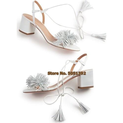 Chunky Heel Sandals Square Heel Fringe Ladies Ankle Lace-up Cross-tied Open Toe Fashion Tassel Large Size Sweet Shoes