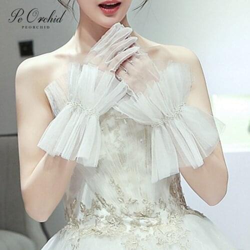 PEORCHID Korean Style Bridal Gloves For Women Pearl Tulle Evening Gloves Bridesmaid Gloves Wedding Accessoires Mariage Femme