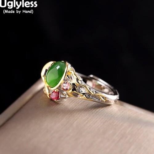 Uglyless Luxury Palace Style Women Natural Gemstones Jewelry Real 925 Silver Open Ring Tourmaline Jade Finger Rings Retro Bijoux
