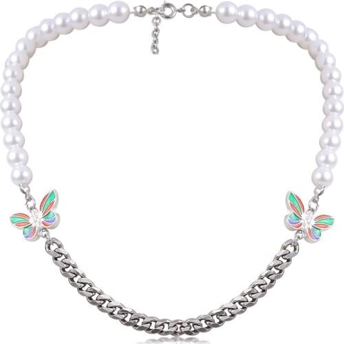 Jewelry Hip Hop Pearl Stainless Steel Chain Men and Women Necklace Simple Color Butterfly Collarbone Necklace