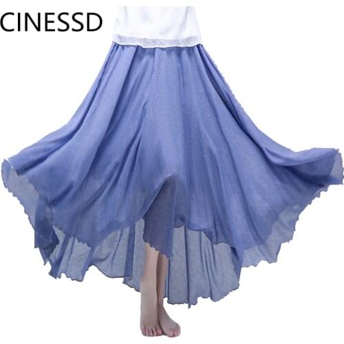 CINESSD Women Solid Swing Pleated Maxi Skirt Office lady High Waist Casual Party Loose Cotton Flowy Lightweight Long Skirts