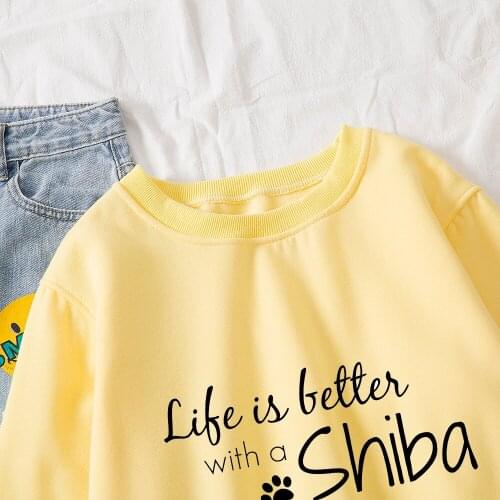 Life Is Letter with A Shiba Winter Womens Hoodies 2020 New Korean Edition Students Sweatshirts Loose Long Sleeve Streetwear