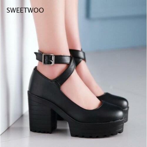 Women Round Toe Platform Chunky High Heel PU Leather Cross Ankle Strap Shoes