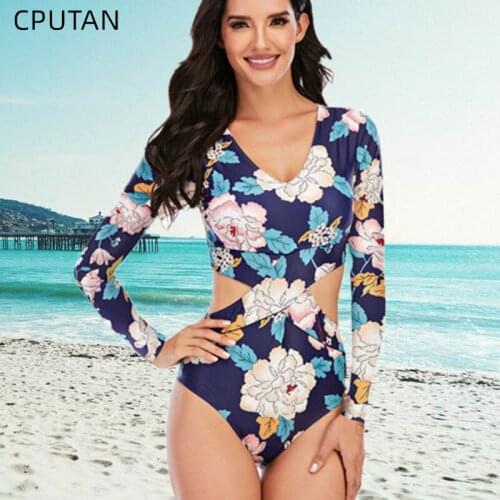Cut Out Rashguard Swimwear Women One Piece Swimsuit Surfing Swimwear Swimming Suit Long Sleeve Beach Wear Surf Bodysuit Monokini