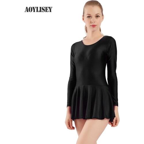 Aoylisey Women Ballet Dance Leotard With Skirt One Piece Long Sleeve Skirted Bodysuit Latin Scoop Neck Gymnastics Dresses