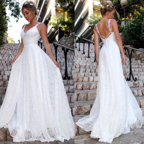 Womens Formal Wedding Long Party Ball Dresses Lace Chiffon Long Maxi Dress Solid White Backless Sundress 2020 New