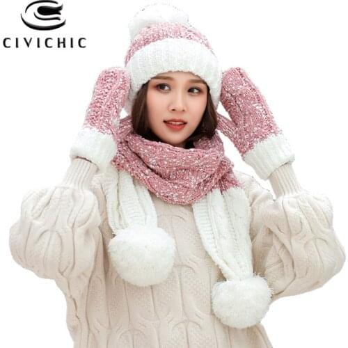 CIVICHIC Winter Warm Scarf Hat Gloves 3 PCS for Women Knit Shawl Thick Cap Fleece Headwear Velvet Pompon Skullies Beanies SH140