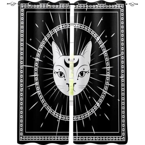 Animal Cat Geometric Border Window Curtains Living Room Kitchen Curtains for Bedroom Left and Right Biparting Open Curtains