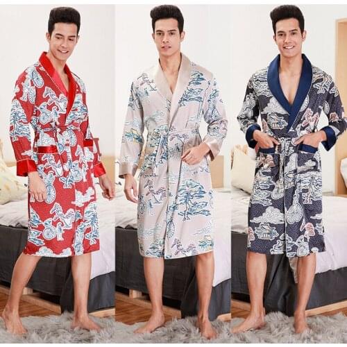 Spring Autumn Pyjamas Kimono Dressing Gown Mens Silk Bathrobe Long Sleeve Casual Pajamas Home Night Sleepwear Peignoirs For Male