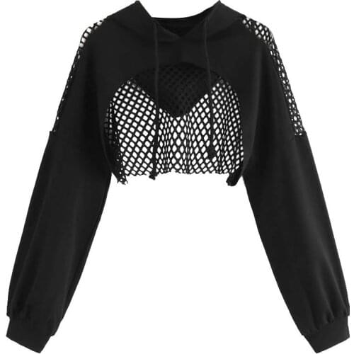 High Street Cropped Hoodies Sweatshirts Gothic Punk Black Mesh Net Hollow Out Hoodie Club Wear Fashion Shorts Pullover Tracksuit